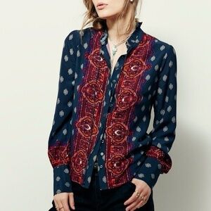 Free People Navy and Burgundy Patterned Blouse